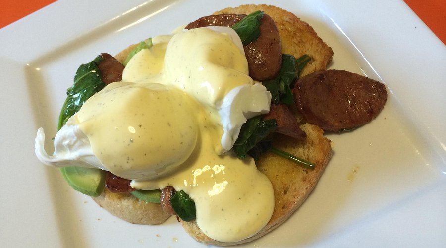 Chorizo benedict at Dahab Cafe